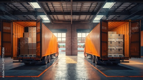 The warehouse with loaded trucks photo