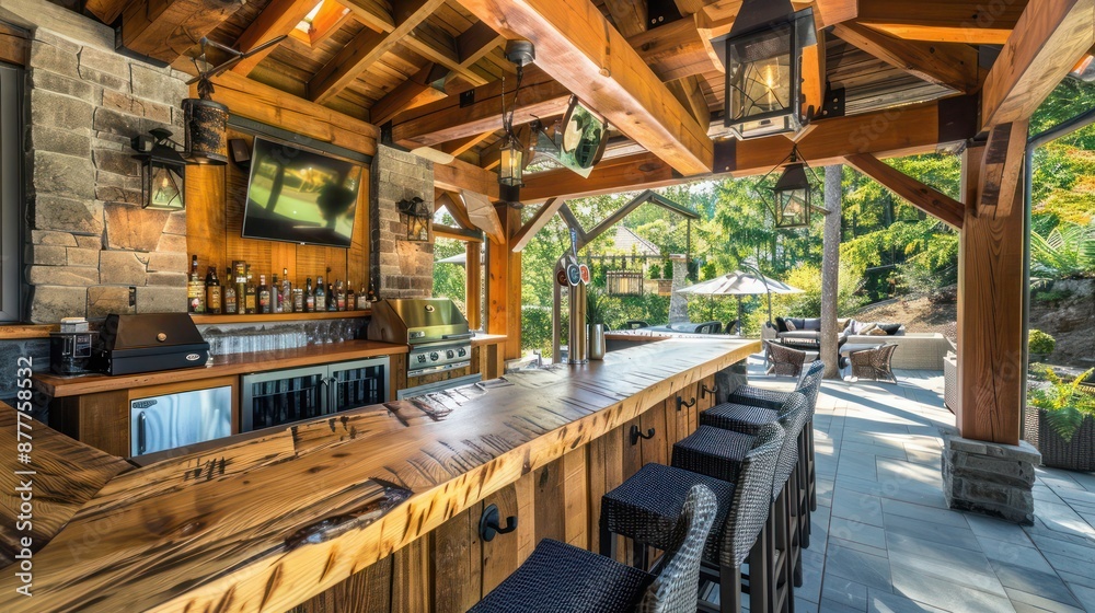 Fototapeta premium Craftsman-style outdoor bar with a wooden counter and overhead beams, ideal for entertaining guests
