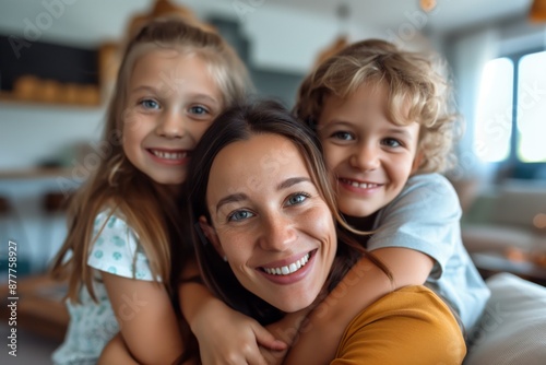 Smiling Family Group Hug Mom and Kids Portrait Happy Family Concept