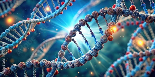 Microscopic illustration of DNA double helix structure, highlighting gene silencing techniques with RNA interference, CRISPR-Cas9, and antisense oligonucleotides, for genetic research applications.