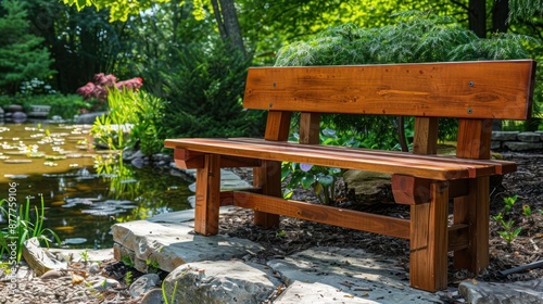 Craftsman-style outdoor bench with a wooden seat and backrest, positioned near a scenic garden pond
