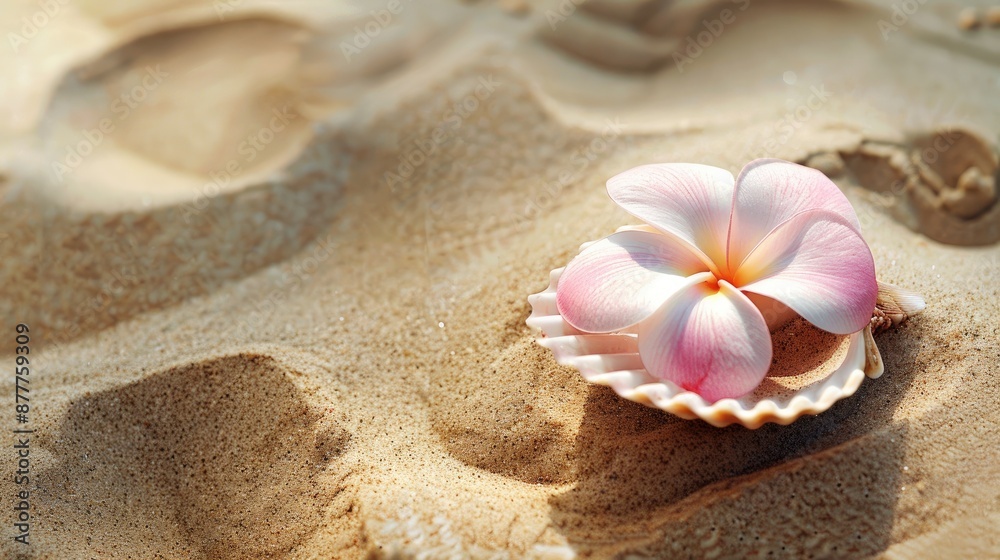 Summer theme with pink flower in seashell on sandy background Summer theme with pink flower in seashell on sandy background