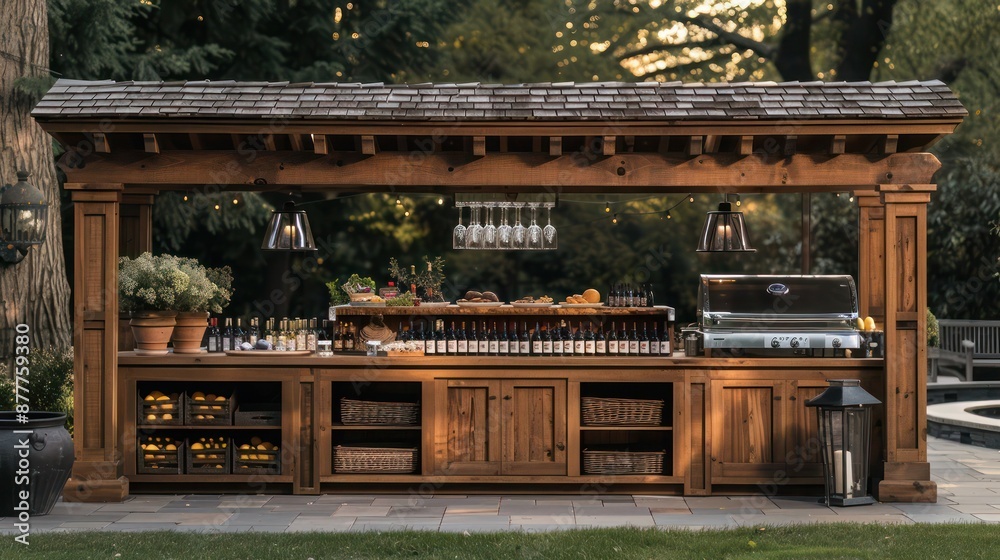 Craftsman-style outdoor buffet with a wooden frame and storage options, designed for hosting large gatherings Craftsman-style outdoor buffet with a wooden frame and storage options, designed for hosting large gatherings