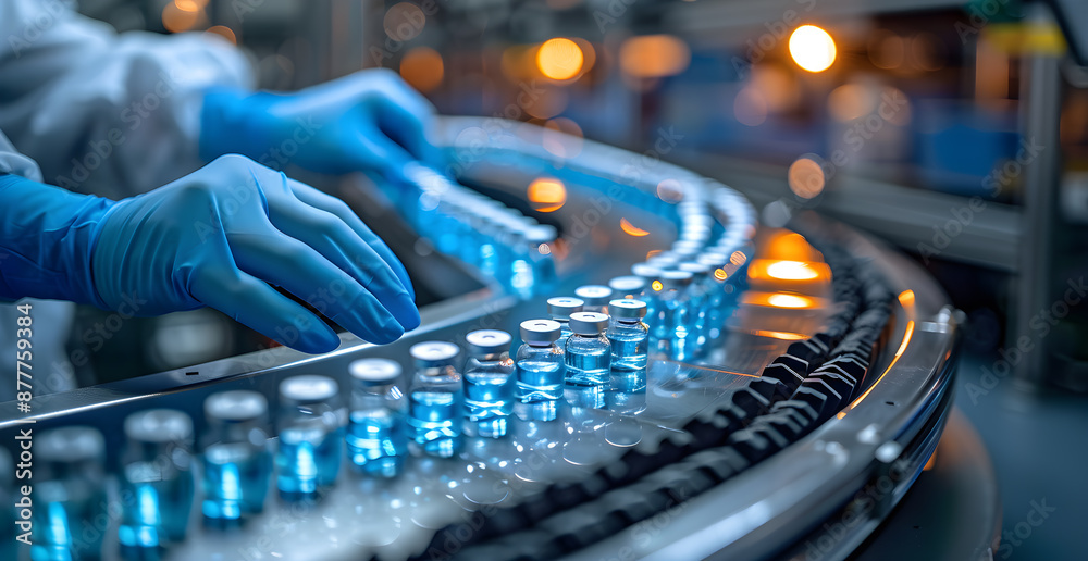 A person is working on a conveyor belt with many bottles of medicine A person is working on a conveyor belt with many bottles of medicine