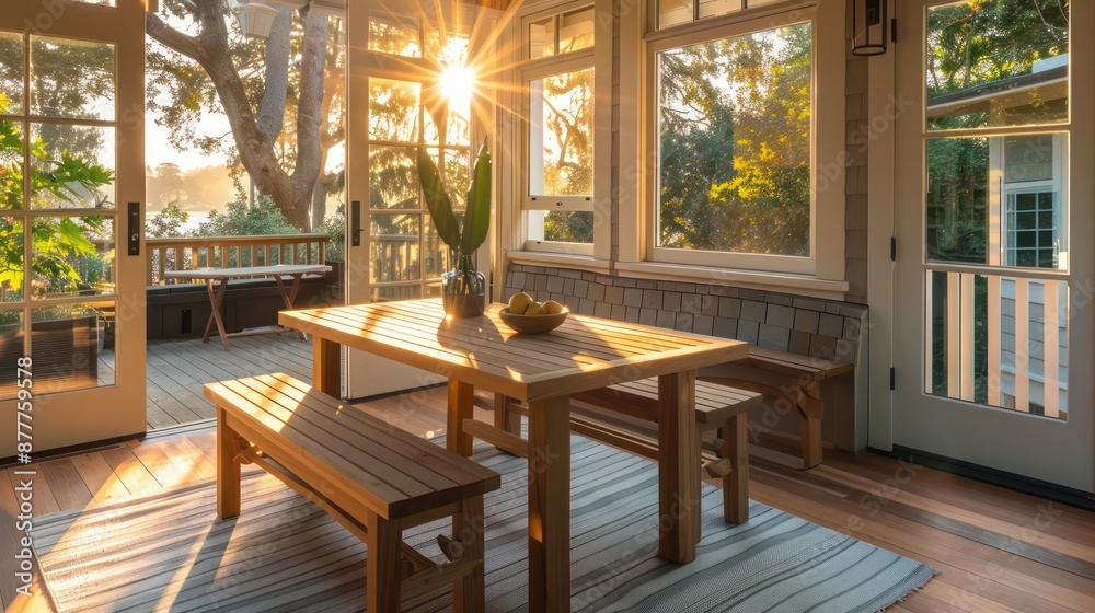 Fototapeta premium Craftsman-style outdoor breakfast nook with a wooden table and benches, positioned to enjoy the morning sun