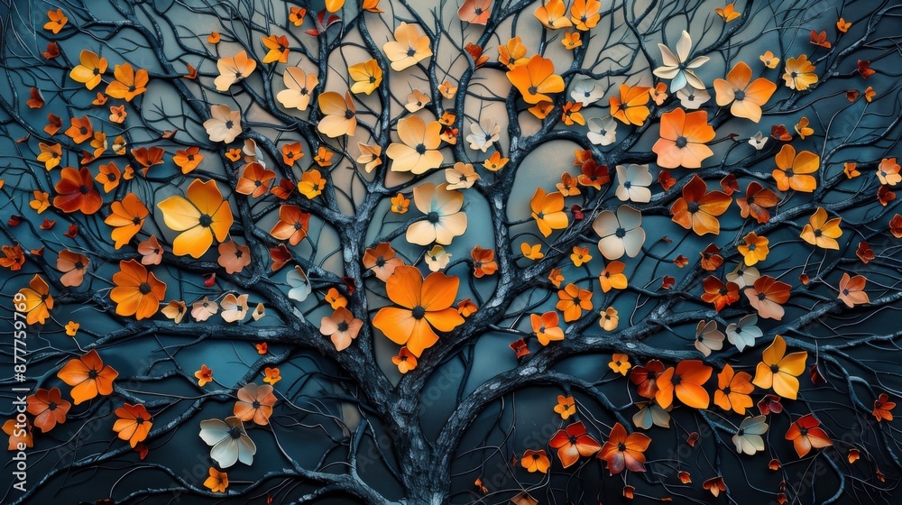 Vibrant digital artwork of a tree with orange and yellow flowers against a dark, abstract background. Perfect for nature and fantasy themes. Vibrant digital artwork of a tree with orange and yellow flowers against a dark, abstract background. Perfect for nature and fantasy themes.