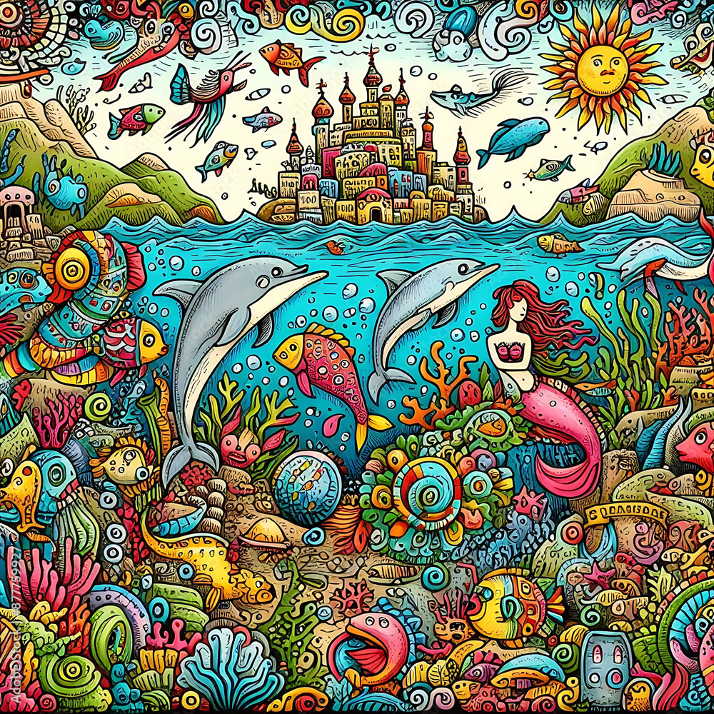 Doodle art cartoon of an underwater world with colorful fish and mermaids Doodle art cartoon of an underwater world with colorful fish and mermaids