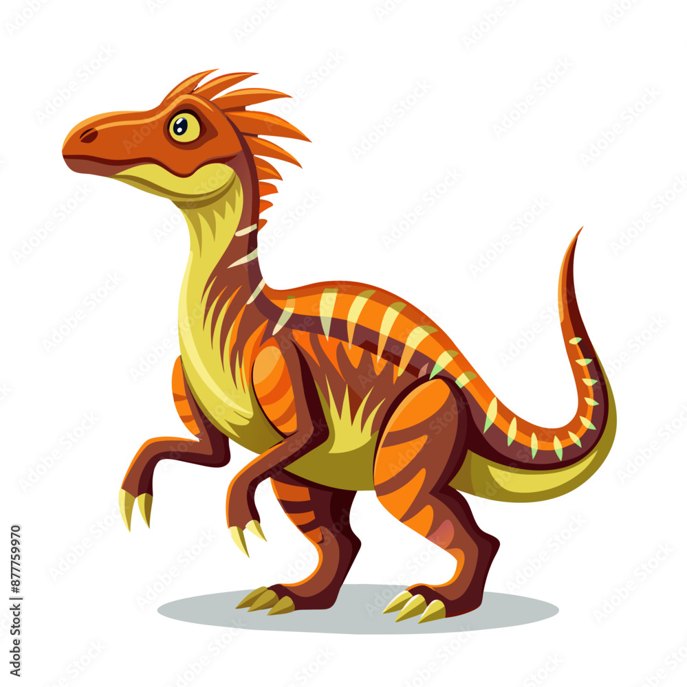 Cartoon prehistoric dinosaur character with striking orange and yellow stripes and frilled neck. Isolated vector reptile dino animal stands alert and ready. Personage for children books or games Cartoon prehistoric dinosaur character with striking orange and yellow stripes and frilled neck. Isolated vector reptile dino animal stands alert and ready. Personage for children books or games