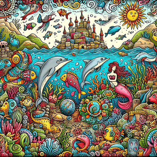 Doodle art cartoon of an underwater world with colorful fish and mermaids