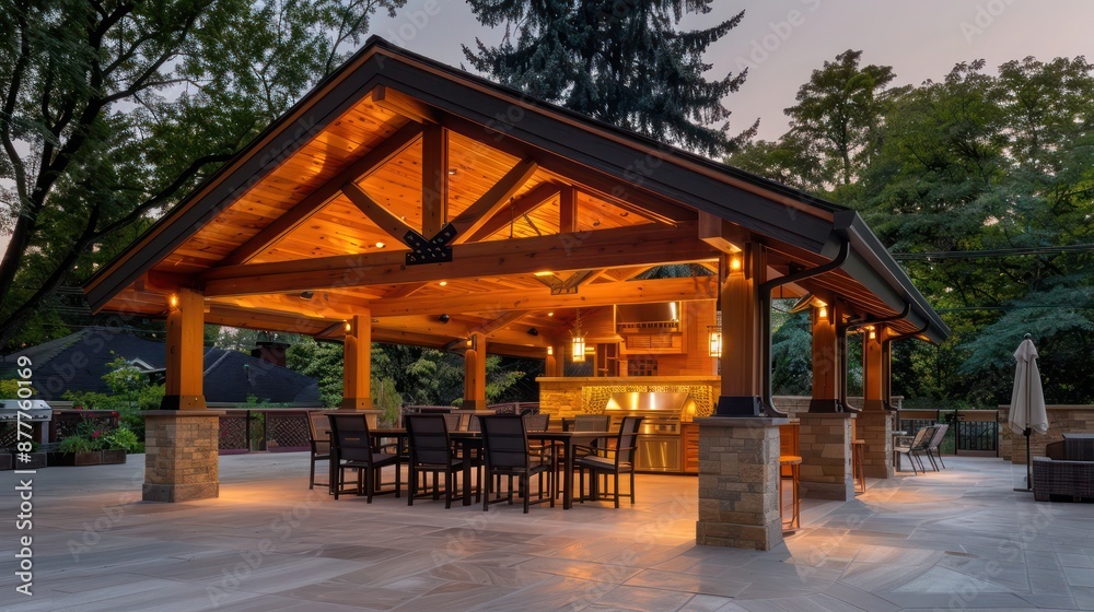 Craftsman-style outdoor dining pavilion with a wooden roof and built-in lighting, perfect for evening meals under the stars Craftsman-style outdoor dining pavilion with a wooden roof and built-in lighting, perfect for evening meals under the stars