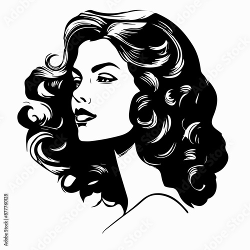 Black and white elegant woman face in side profile view. Her hair flows in voluminous curls and her expression captures timeless beauty. Vector retro illustration for art, design, vintage style theme