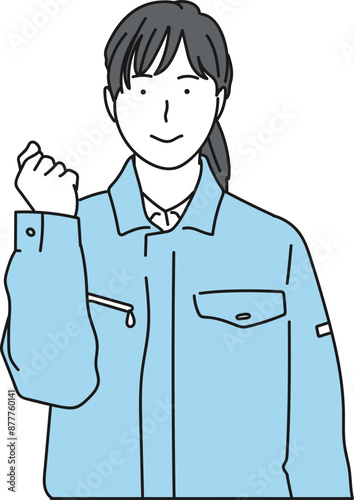 ガッツポーズをする作業服を着た女性のシンプルイラスト