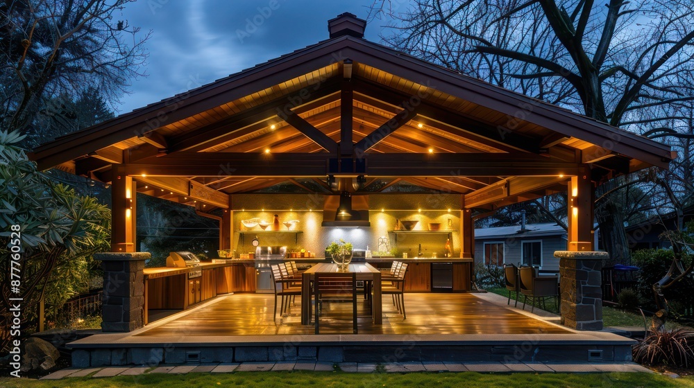 Obraz premium Craftsman-style outdoor dining pavilion with a wooden roof and built-in lighting, perfect for evening meals under the stars