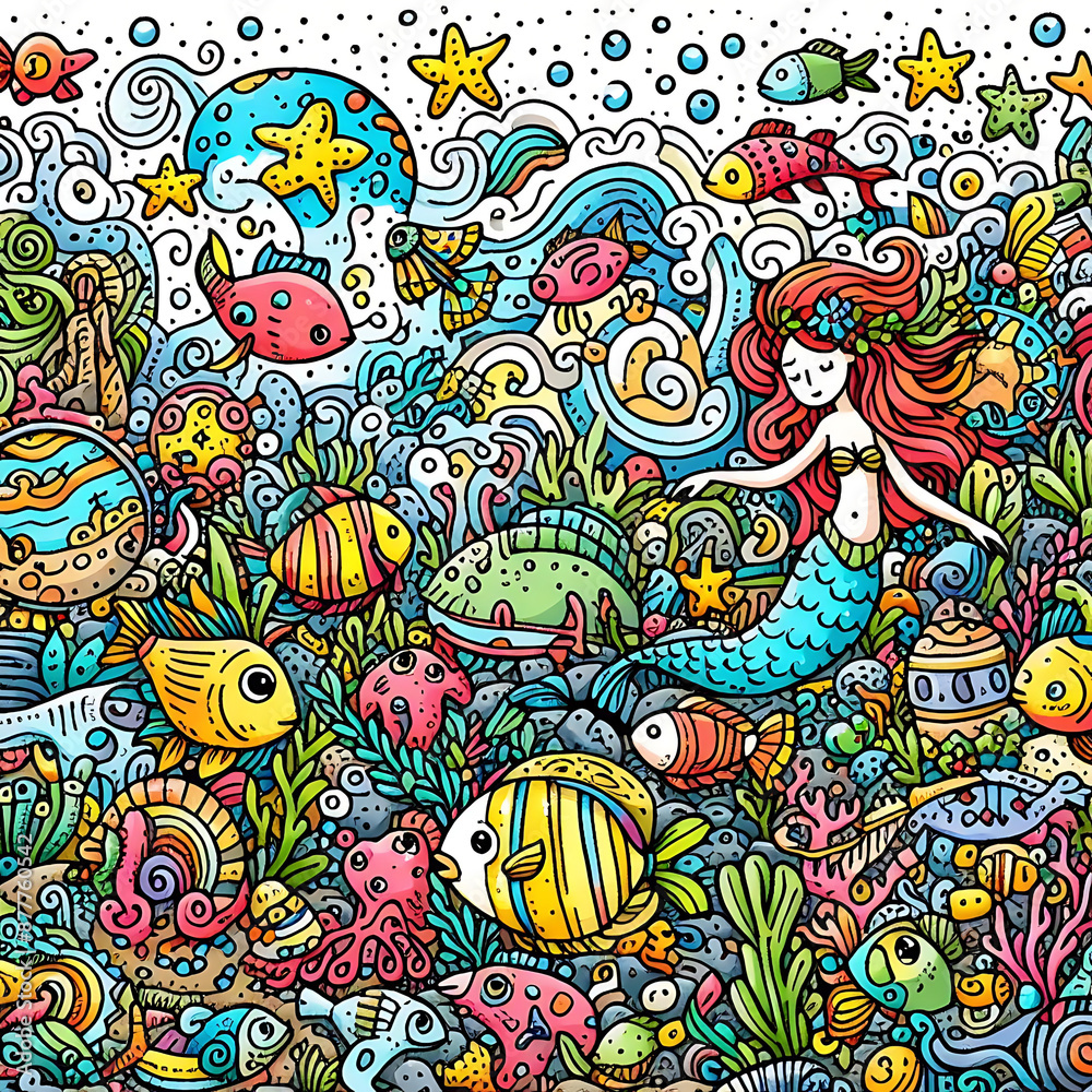 Doodle art cartoon of an underwater world with colorful fish and mermaids Doodle art cartoon of an underwater world with colorful fish and mermaids