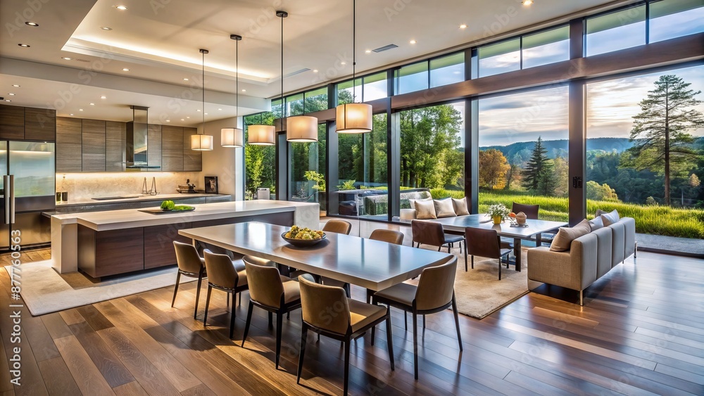 Large Kitchen With Island And Dining Table With A View Of The Forest Large Kitchen With Island And Dining Table With A View Of The Forest