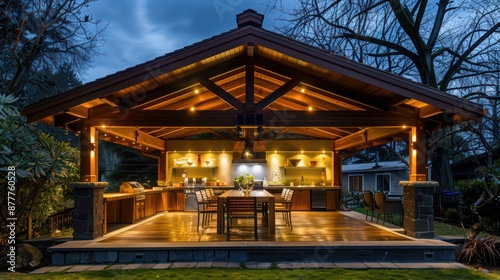 Craftsman-style outdoor dining pavilion with a wooden roof and built-in lighting, perfect for evening meals under the stars