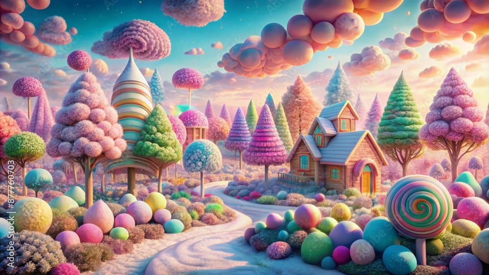 Whimsical 3D Illustration Of A Candy Land Landscape With A Cottage, Trees, Bushes, And Colorful Lollipops. Whimsical 3D Illustration Of A Candy Land Landscape With A Cottage, Trees, Bushes, And Colorful Lollipops.