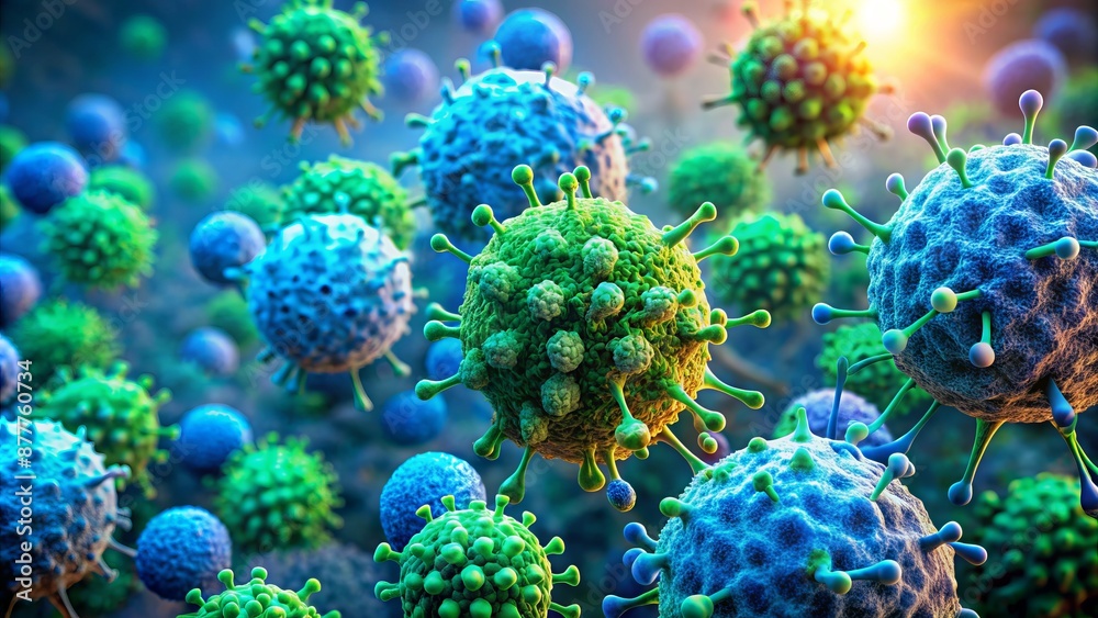 3D Illustration Of A Virus. The Virus Is Round And Has A Spiky Outer Coat. It Is Green And Blue In Color. The Virus Is Floating In A Dark Blue Background. 3D Illustration Of A Virus. The Virus Is Round And Has A Spiky Outer Coat. It Is Green And Blue In Color. The Virus Is Floating In A Dark Blue Background.