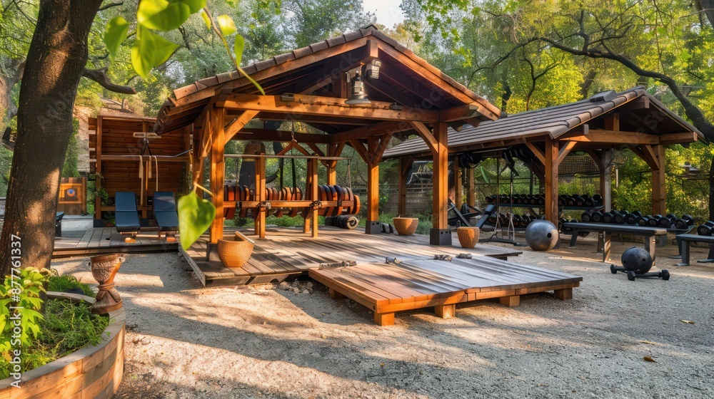 Craftsman-style outdoor gym with wooden equipment and a covering, integrating fitness into the natural setting Craftsman-style outdoor gym with wooden equipment and a covering, integrating fitness into the natural setting