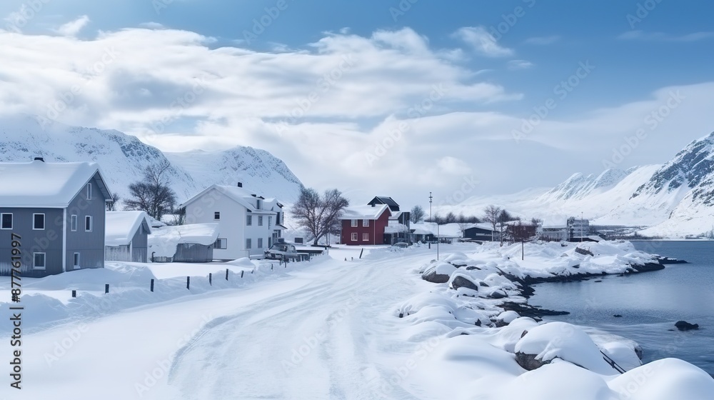 Snowy Village by the Fjord with Mountainous Backdrop Snowy Village by the Fjord with Mountainous Backdrop