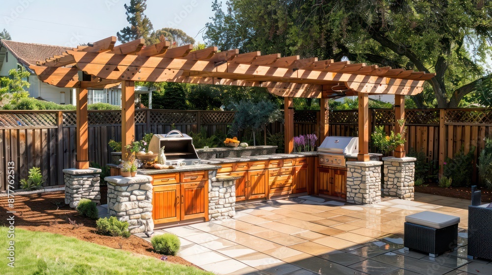Naklejka premium Craftsman-style outdoor kitchen with a wooden pergola, stone countertops, and a built-in grill, designed for gourmet cooking