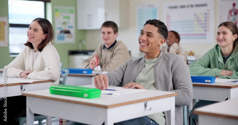 School, classroom and happy students laugh for fun lesson, learning and subject with teacher. Education, teaching and girls and boys enjoy course for knowledge, assignment and studying in college School, classroom and happy students laugh for fun lesson, learning and subject with teacher. Education, teaching and girls and boys enjoy course for knowledge, assignment and studying in college