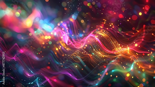 Shifting quantum particles creating a dynamic, colorful pattern