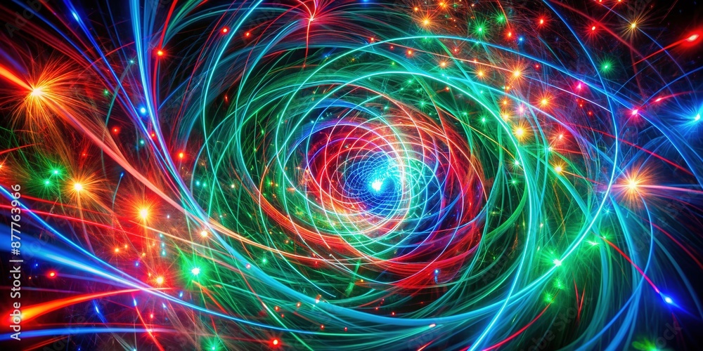 Vibrant swirled mixture of red, green, and blue lights blending into each other in an abstract, mesmerizing, and futuristic pattern against a dark background. Vibrant swirled mixture of red, green, and blue lights blending into each other in an abstract, mesmerizing, and futuristic pattern against a dark background.