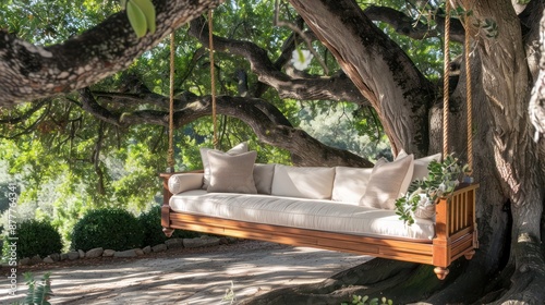 Craftsman-style outdoor swing with a wooden frame and comfortable cushions, hanging from a large tree