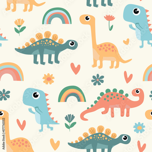 Cute seamless pattern with dinosaurs. Colorful print with cute dinosaurs for kids.
