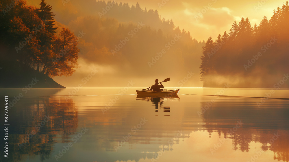 Content Mature Male Kayaking at Dawn Content Mature Male Kayaking at Dawn