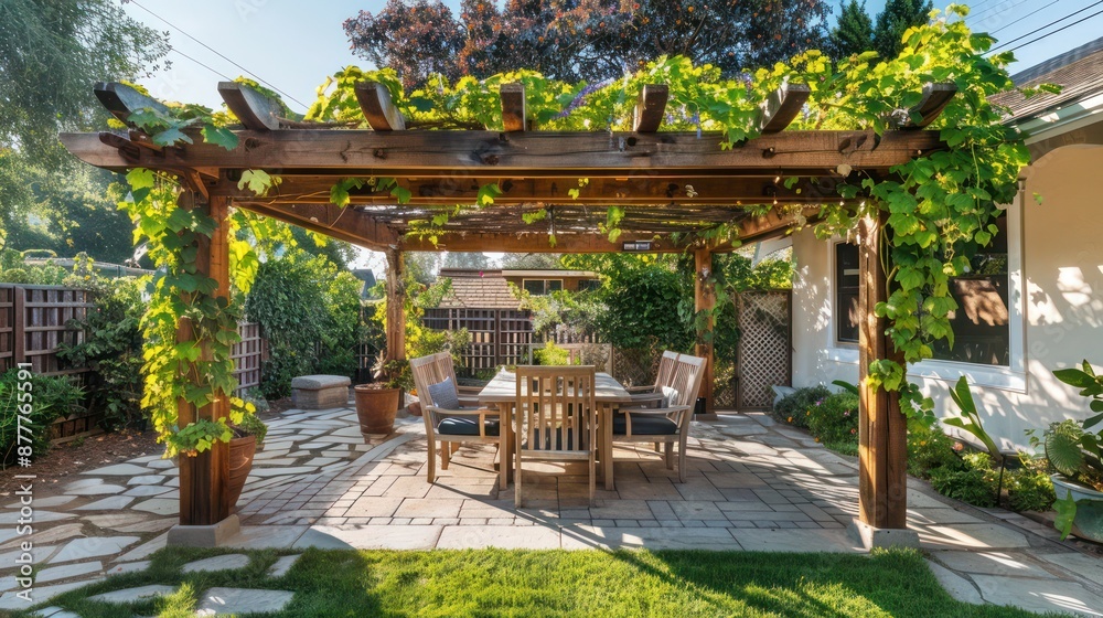Craftsman-style patio with a wooden pergola and climbing vines, creating a shaded area for outdoor dining Craftsman-style patio with a wooden pergola and climbing vines, creating a shaded area for outdoor dining