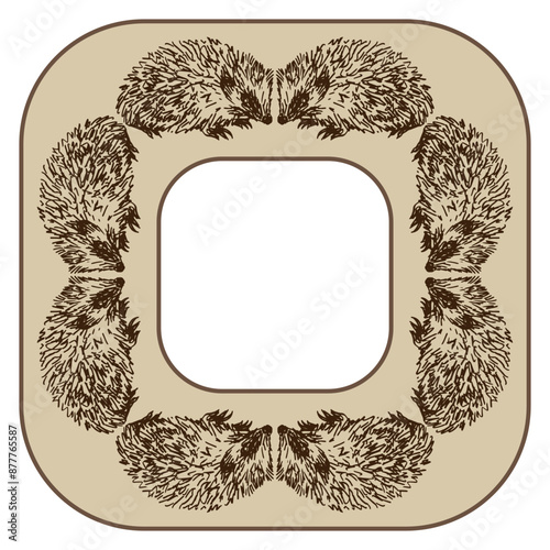 Rectangular animal frame with Hedgehogs. Hand drawn linear sketches.