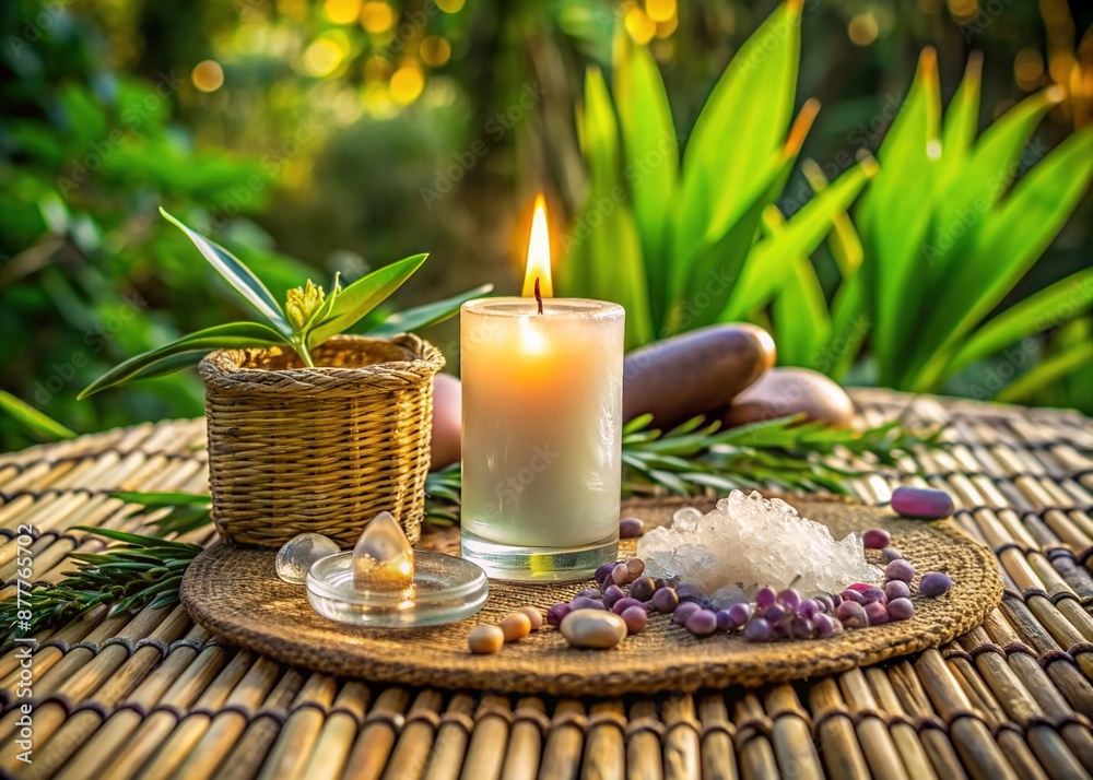 Serenity-filled setting featuring a lit candle, essential oils, and crystals on a woven mat, evoking a sense of mindful connection with nature and inner peace. Serenity-filled setting featuring a lit candle, essential oils, and crystals on a woven mat, evoking a sense of mindful connection with nature and inner peace.