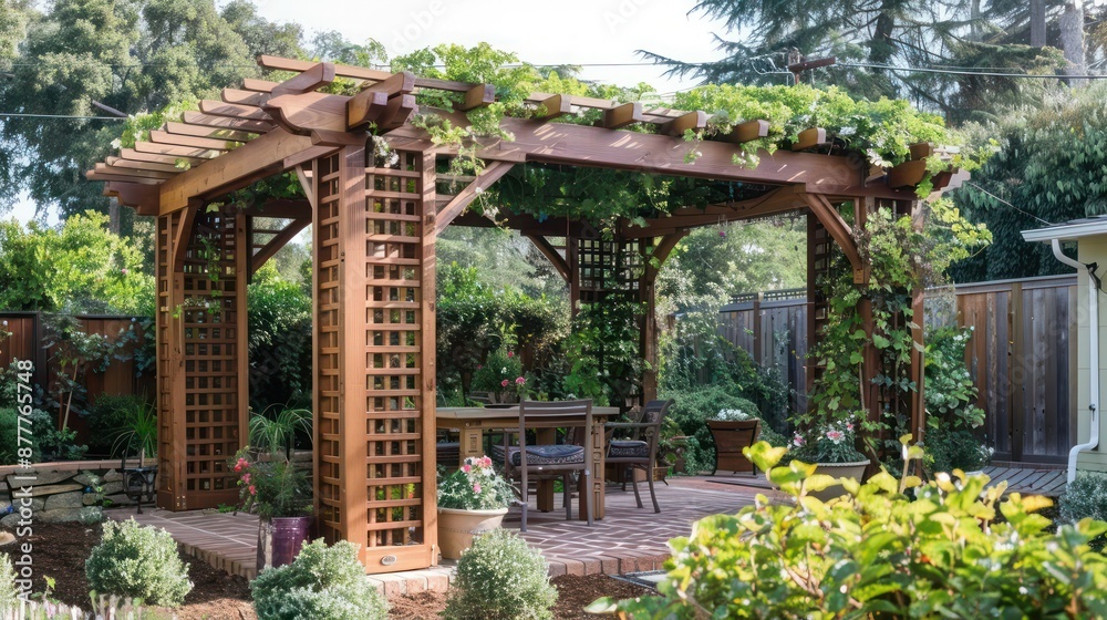 Craftsman-style pergola with wooden beams and lattice work, covered with climbing plants for a natural shade solution Craftsman-style pergola with wooden beams and lattice work, covered with climbing plants for a natural shade solution
