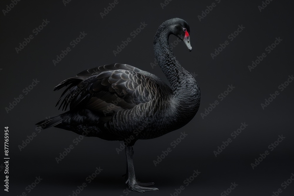 Fototapeta premium the beside view Black Swan, left side view, white copy space on right, isolated on black background