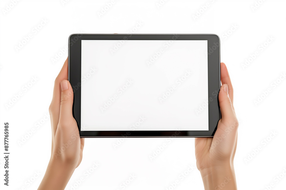 hands holding a tablet with a plain white screen hands holding a tablet with a plain white screen