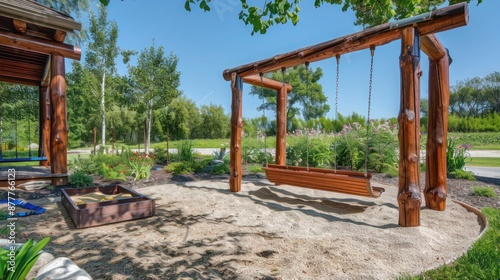 Wallpaper Mural Craftsman-style play area with a wooden swing set and a sandbox, designed for fun and safety Torontodigital.ca