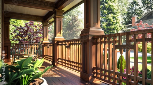 Craftsman-style porch railing with detailed wooden balusters and a sturdy handrail, defining the outdoor space