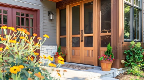 Craftsman-style screen door with detailed woodwork and a natural finish, enhancing the homea??s entrance photo