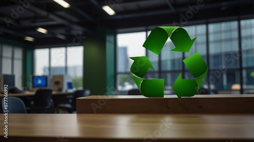 Green recycle symbol icon sign with professional environment background to represent recycling or sorting of waste at office 
