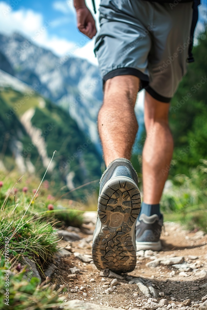 Hiking in the mountains. Male legs with sports shoes and backpack running on a trail mountain Hiking in the mountains. Male legs with sports shoes and backpack running on a trail mountain