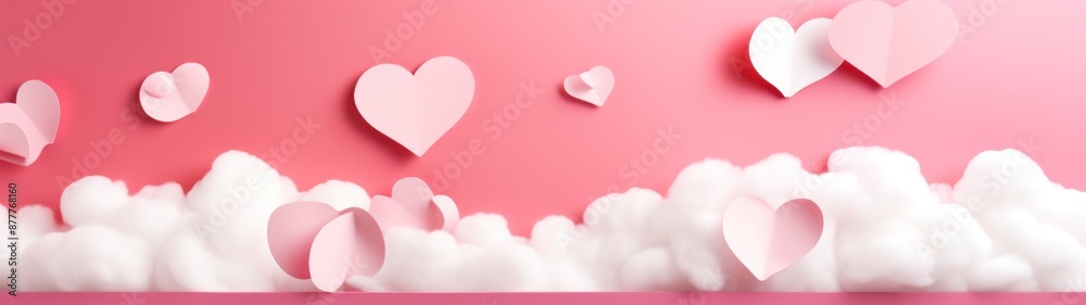 Romantic pink Valentine's Day background with paper hearts floating on clouds. Design element for love, romance, wedding, anniversary. Romantic pink Valentine's Day background with paper hearts floating on clouds. Design element for love, romance, wedding, anniversary.