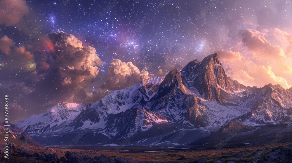 Majestic mountain peak under a starry sky. Concept of adventure, nature, and breathtaking landscapes Majestic mountain peak under a starry sky. Concept of adventure, nature, and breathtaking landscapes