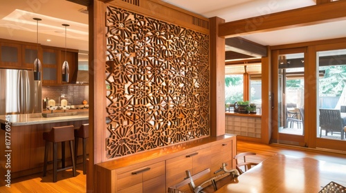 Craftsman-style wooden partition with intricate cutouts, dividing spaces while adding decorative appeal photo