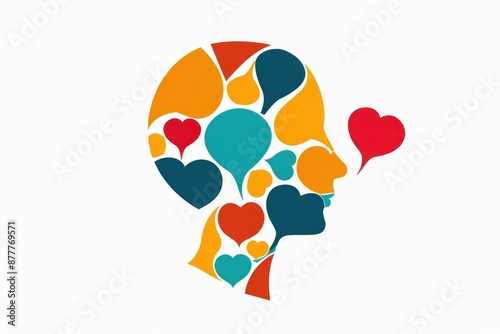 Colorful Hearts Speech Bubbles Surrounding Person's Head Logo Symbolizing Love, Communication, and Relationships photo