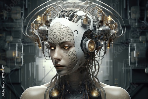 a woman with a head full of wires and gears, brain-machine interface telepathic communication