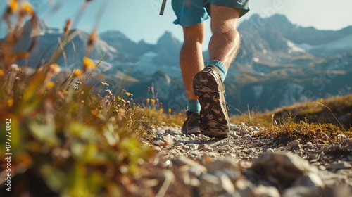 Hiking in the mountains. Male legs with sports shoes and backpack running on a trail mountain