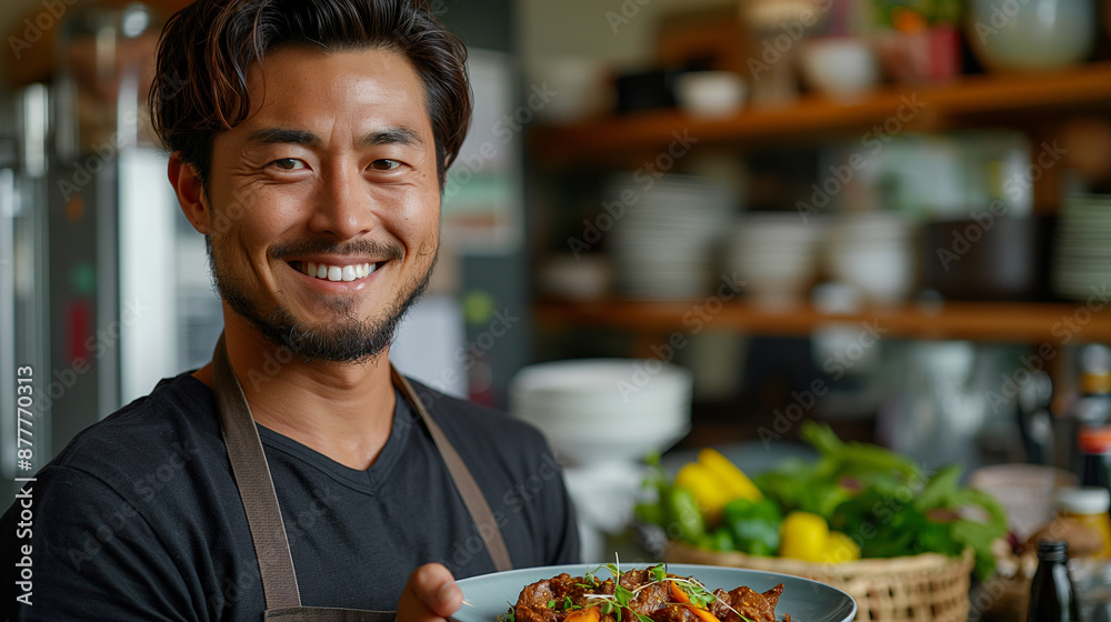 カウンターキッチンで料理をする男性 カウンターキッチンで料理をする男性