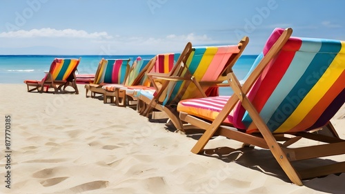 A group of wooden beach chairs with bright striped cushions are scattered along the shoreline, perfect for soaking up the sun. photo